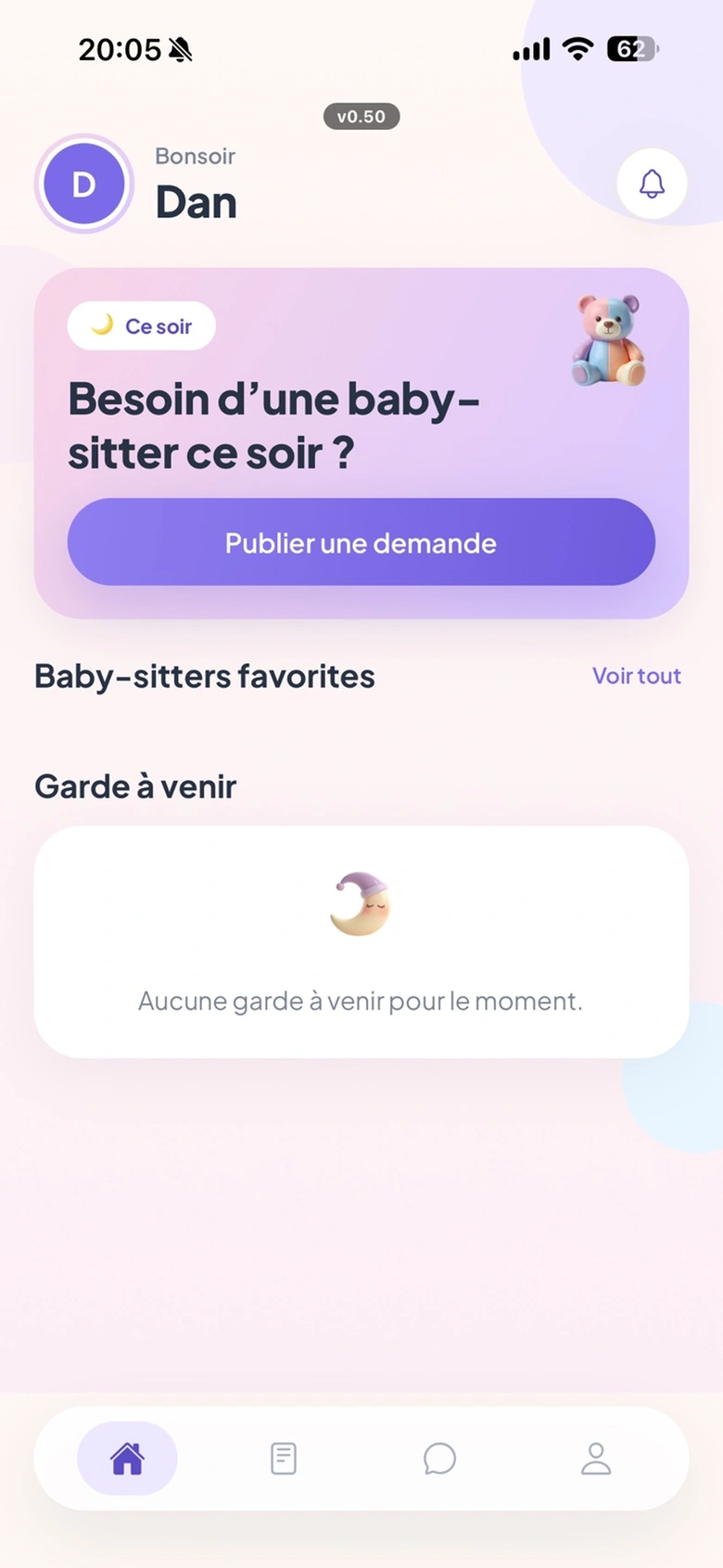Écran d’accueil parent de l’application Bambinoush